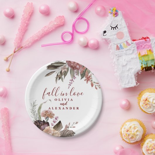 Boho Burgund Rose fallen in Liebe Blumenhochzeit Pappteller (Party)