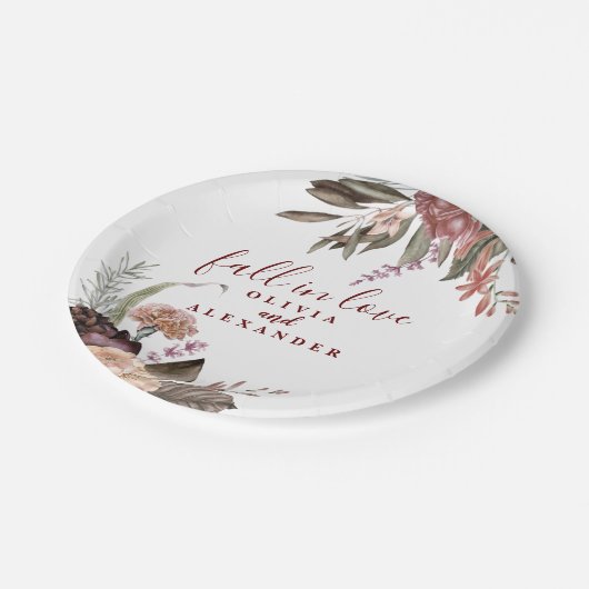 Boho Burgund Rose fallen in Liebe Blumenhochzeit Pappteller (Schrägansicht)