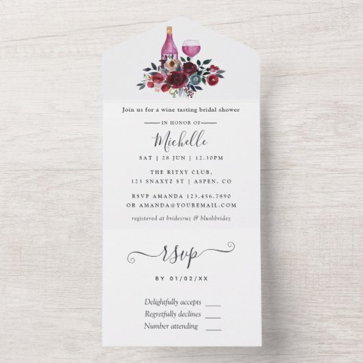 Boho Burgund und Navy Brautparty Weinprobe All In One Einladung (Innen Boden)