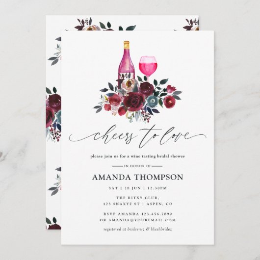 Boho Burgund und Navy Brautparty Weinprobe Einladung (Vorne/Hinten)