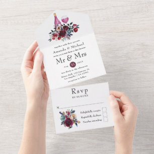 Boho Burgund und Navy Weinprobe Hochzeit All In One Einladung