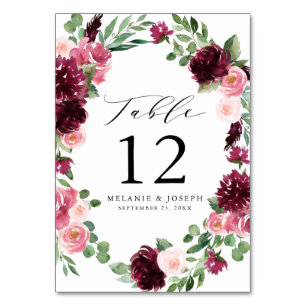 Boho-Burgund- und Rosé-Wasserfarben-Blumenhochzeit Tischnummer