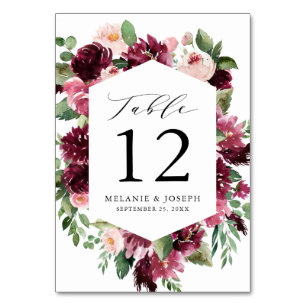 Boho-Burgund- und Rosé-Wasserfarben-Blumenhochzeit Tischnummer