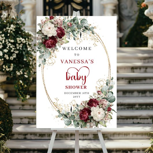 Boho Burgund Weinblumen-Babyshower-Willkommensschi Poster