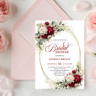 Boho-Burgund-Weiß-Blumen-Goldene-Hochzeitsdusche Einladung