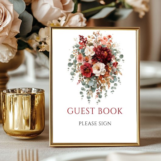 Boho-Burgunder-Blumen-Gästebuch 8x10 Tischplatte Poster