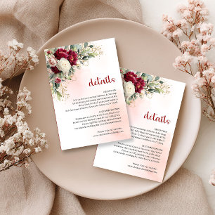Boho-Burgunder-Blumen-Grün-Gold-Hochzeitsdetails Begleitkarte