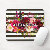 Boho Burgunder Blumen| Schwarzweiss-Streifen Mousepad (Mit Mouse)
