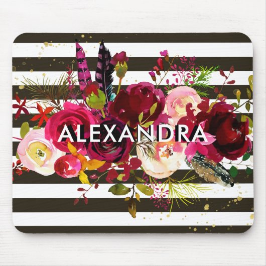 Boho Burgunder Blumen| Schwarzweiss-Streifen Mousepad (Vorne)