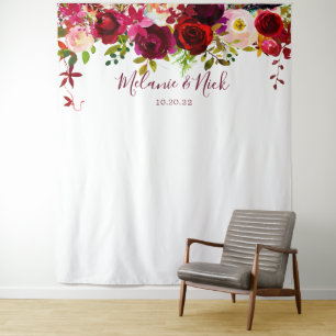 Boho Burgunder Blumenhochzeits-Fotohintergrund Wandteppich