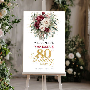 Boho Burgunder Floral 80. Geburtstags-Willkommensp Poster