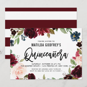 Boho-Burgunder-Herbst-Blumenkranz-Quinceañera Einladung