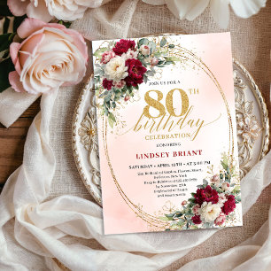 Boho-Burgunder-Rosa-Blumen-Einladung zum 80. Gebur Einladung