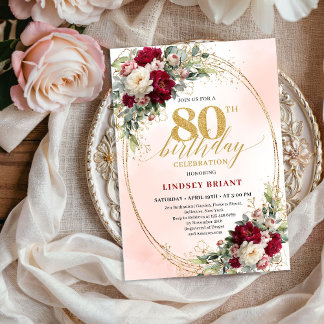 Boho-Burgunder-Rosa-Blumen-Einladung zum 80. Gebur Einladung