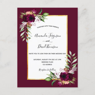 Boho-Burgunderrote-Blumen goldene Hochzeitseinladu Postkarte