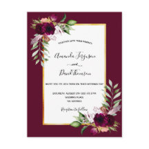 Boho-Burgunderrote-Blumen goldene Hochzeitseinladu