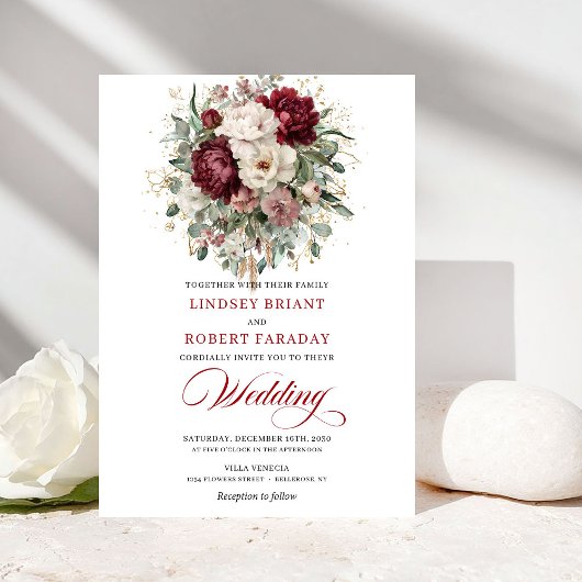 Boho Burgundy and White Flowers Wedding Invitation Einladung