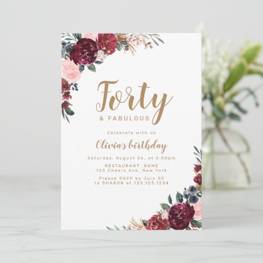 Boho burgundy Aquarellblüte 40. Geburtstag Einladung (Stehend Vorderseite)