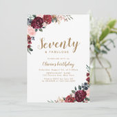Boho burgundy Aquarellblüte 70. Geburtstag Einladung (Stehend Vorderseite)