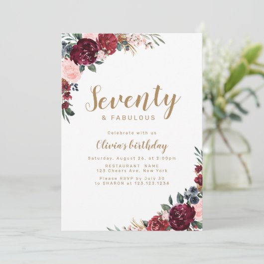 Boho burgundy Aquarellblüte 70. Geburtstag Einladung (Stehend Vorderseite)