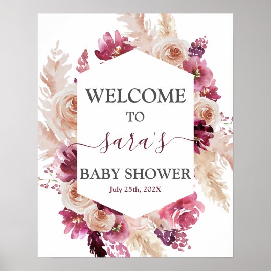 Boho Burgundy Baby Shower Girl Begrüßungszeichen Poster (Vorne)