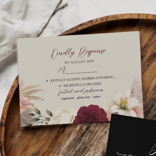 Boho Burgundy Black Floral Wedding RSVP Karte