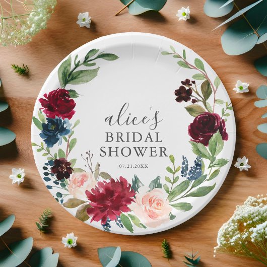 Boho Burgundy Blue Floral Script Brautparty Pappteller