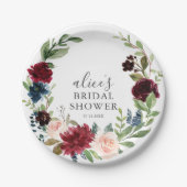 Boho Burgundy Blue Floral Script Brautparty Pappteller (Vorderseite)