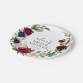 Boho Burgundy Blue Floral Script Brautparty Pappteller (Schrägansicht)