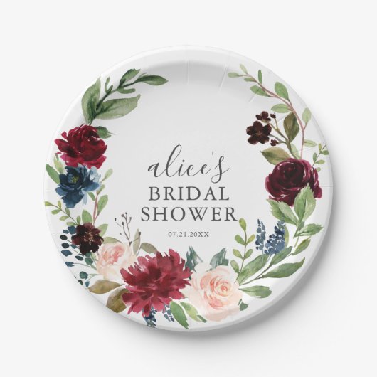 Boho Burgundy Blue Floral Script Bridal Shower Pappteller (Vorderseite)
