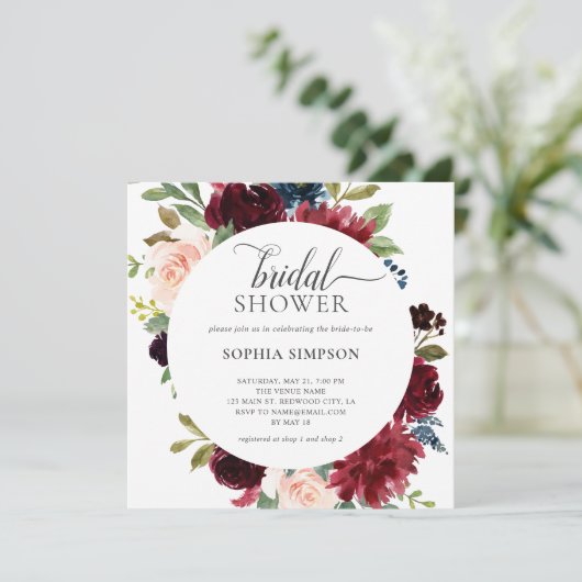 Boho Burgundy Blue Flowers Script Brautparty Einladung (Stehend Vorderseite)