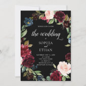 Boho Burgundy Blue Flowers Wedding Einladung (Vorderseite)