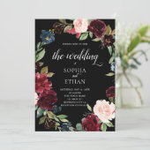 Boho Burgundy Blue Flowers Wedding Einladung (Stehend Vorderseite)