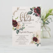 Boho Burgundy Blume 50. Geburtstagsparty Einladung (Stehend Vorderseite)