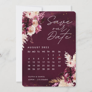 Boho Burgundy Blume Kalender Save the Date Einladung