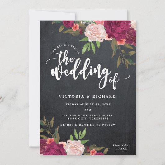 Boho burgundy Blumen Moderne Hochzeit Einladung (Vorderseite)