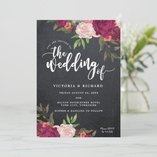 Boho burgundy Blumen Moderne Hochzeit Einladung (Stehend Vorderseite)