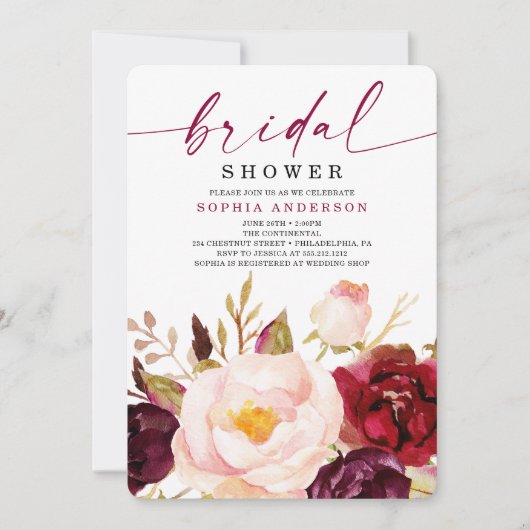 Boho Burgundy Blumendusche Einladung (Vorderseite)