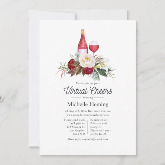 Boho Burgundy Blumenwein beim Verkohlen virtueller Einladung (Vorderseite)