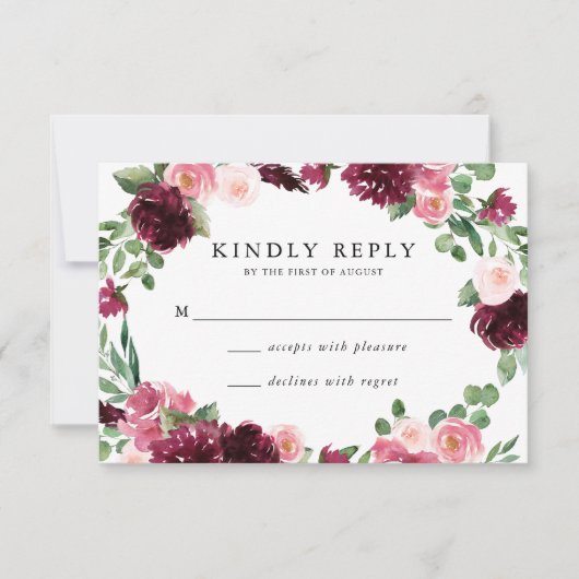 Boho Burgundy & Blush Bloral Wedding RSVP Card Karte (Vorderseite)