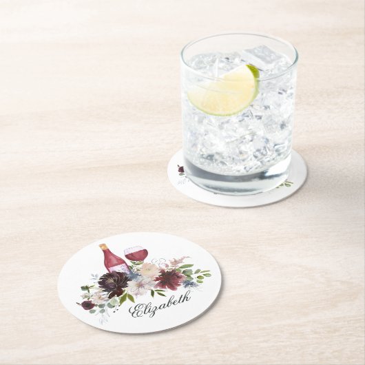 Boho Burgundy Blush Dusty Blue Wine Runder Pappuntersetzer (Vor Ort)