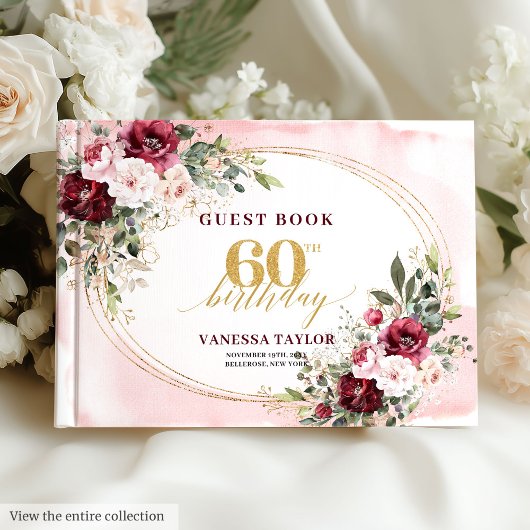 Boho Burgundy Blush Floral Gold 60th Birthday Gästebuch