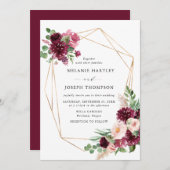 Boho Burgundy & Blush Floral Gold Rahmen Wedding Einladung (Vorne/Hinten)