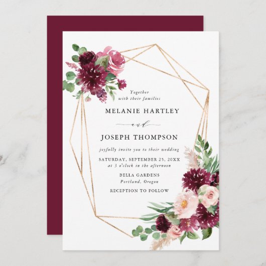 Boho Burgundy & Blush Floral Gold Rahmen Wedding Einladung (Vorne/Hinten)
