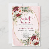 Boho Burgundy Blush Floral Sweet Sixteen Party Einladung (Vorderseite)