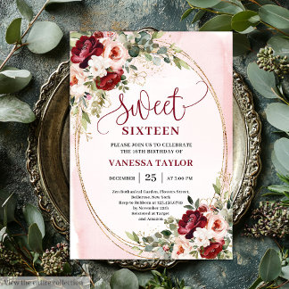 Boho Burgundy Blush Floral Sweet Sixteen Party Einladung