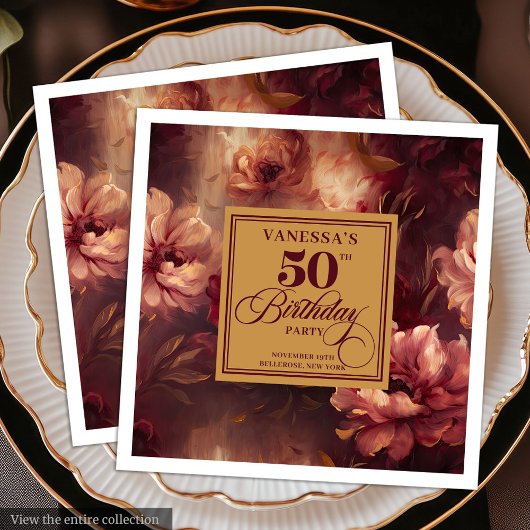 Boho Burgundy Blush Gold 50. Geburtstag Serviette