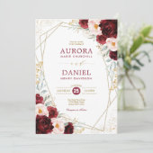 Boho Burgundy Blush Gold Blume Geometric Wedding Einladung (Stehend Vorderseite)