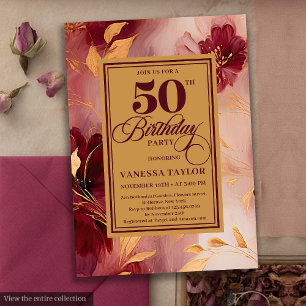 Boho Burgundy Blush Gold Rose 50. Geburtstag Einladung
