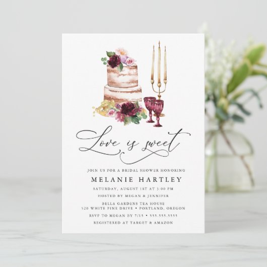 Boho Burgundy & Blush Liebe ist Sweet Bridal Einladung (Stehend Vorderseite)